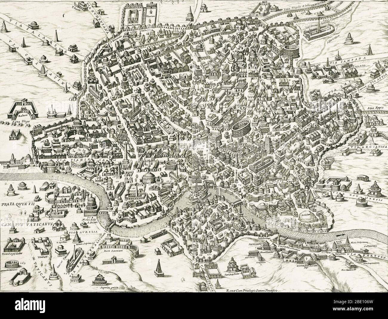 Einen Stadtplan von Rom im 16. Jahrhundert von Giacomo Lauro (1550-1605) graviert. Stockfoto