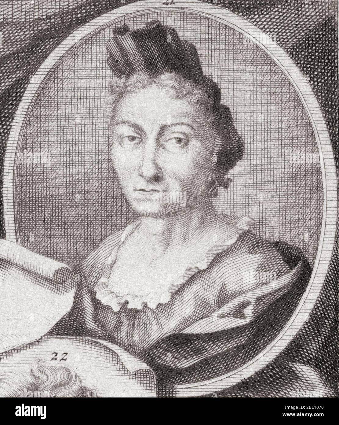Maria Sibylla Merian (1647-1717) war eine in Deutschland geborene Naturwissenschaftlerin und Illustratorin. Nachdem sie zwei Jahre in der niederländischen Kolonie Surinam lebte, veröffentlichte sie 1705 ihr Hauptwerk Metamorphosis insectorum Surinamensium (Insekten von Surinam), für das sie berühmt wurde. Aufgrund ihrer sorgfältigen Beobachtungen und Dokumentation der Metamorphose des Schmetterlings wird sie als eine der bedeutendsten Beitragenden auf dem Gebiet der Entomologie angesehen. Merian war einer der ersten Naturforscher, der Insekten direkt beobachtete. Die Verfolgung ihrer Arbeit in Surinam war ein ungewöhnliches Unterfangen, vor allem für Stockfoto