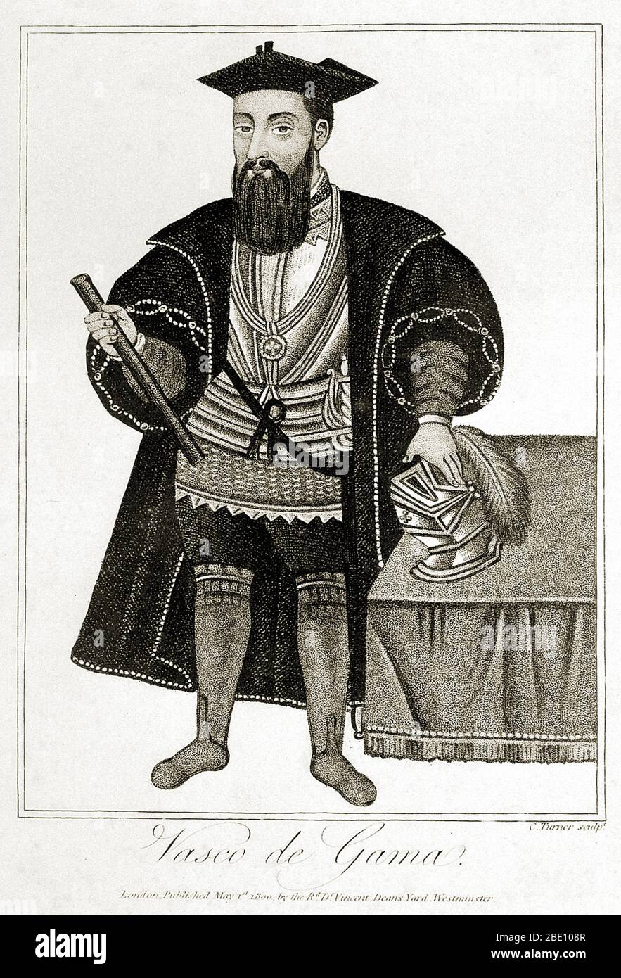 Vasco da Gama (1460er - 24. Dezember 1524) war ein portugiesischer Forscher und der erste Europäer, der Indien auf dem Seeweg erreichte. Seine erste Reise nach Indien (1497-99) war die erste, die Europa und Asien durch eine Ozeanroute verband, die den Atlantik mit dem Indischen Ozean und damit den Westen und den Orient verband. Da Gamas Entdeckung der Seeroute nach Indien war bedeutsam und öffnete den Weg für ein Zeitalter des globalen Imperialismus und für die Portugiesen, um ein lang anhaltendes Kolonialreich in Asien zu errichten. Seine erste Reise nach Indien gilt als Meilenstein in der Weltgeschichte. Stockfoto