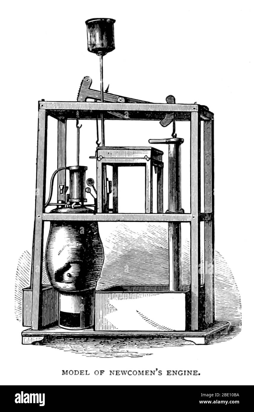 Die Atmosphärenmaschine, die 1712 von Thomas Newcomen erfunden wurde und oft einfach als Newcomer-Motor bezeichnet wird, war das erste praktische Gerät, das die Kraft des Dampfes zur Herstellung mechanischer Arbeiten nutzbar machte. Newcomen-Motoren wurden in ganz Großbritannien und Europa eingesetzt, hauptsächlich um Wasser aus Minen zu Pumpen, beginnend im frühen 18. Jahrhundert. James Watts spätere Watt Dampfmaschine war eine verbesserte Version des Newcomen-Motors. Watt ist daher heute besser bekannt als Newcomen in Bezug auf die Herkunft der Dampfmaschine. Thomas Newcomen (1664. Februar - 5. August 1729) war ein englischer Erfinder, Eisenhändler Stockfoto