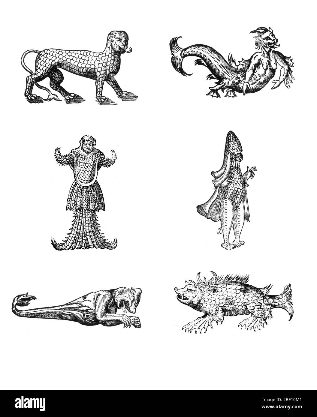 Holzschnitte von Seemonstern aus des Monstres et Prodiges von Ambroise Paré, 1573, im Uhrzeigersinn von oben links: 'ein Löwe mit Schuppen bedeckt', 'eine scheußliche Gestalt eines Seeufels', 'ein Monster, das einem Bischof ähnelt, der in seinen päpstlichen Gewändern gekleidet ist', 'eine Meersau', "Ein Monster mit dem Kopf eines Bären und den Armen eines Affen", "ein Monster mit dem Kopf eines Mönchs, bewaffnet und mit Fischschuppen bedeckt". Des Monstres ist gefüllt mit unbegründeten Berichten von Meeresteufeln, Meersauen und monströsen Tieren mit menschlichen Gesichtern. Mit seiner umfangreichen Diskussion über Reproduktion und Illustrationen von Geburt Stockfoto