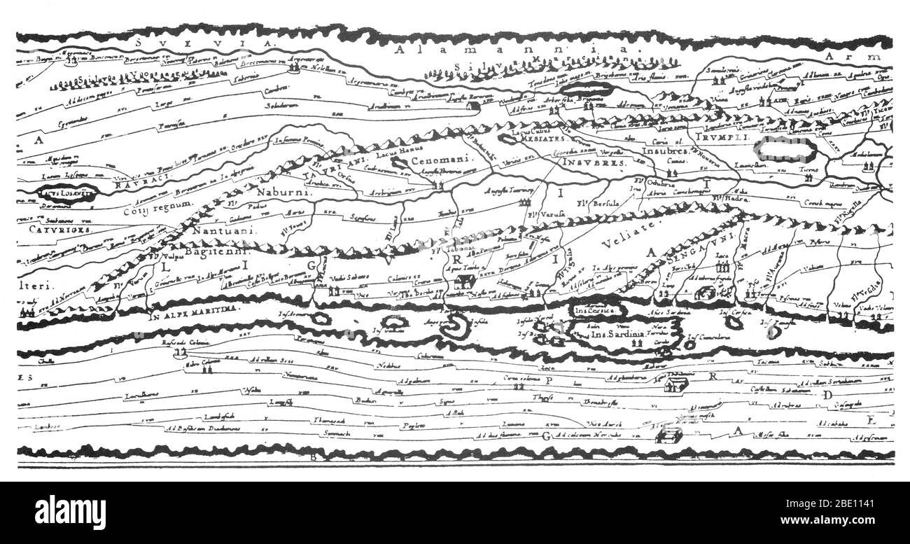 Detail der Tabula Peutingeriana, einer bebilderten Itinerarium (road map) mit dem cursus publicus, das Straßennetz im Römischen Reich. Die ursprüngliche Karte, auf der sie basiert, wahrscheinlich stammt aus dem 4. oder 5 Jahrhundert und wurde selbst auf einer Karte von Agrippa während der Herrschaft des Kaisers Augustus (27 v. Chr. - 14 v. Chr.) unter der Leitung von Marcus Vipsanius Agrippa, ein Freund des Augustus. Nach dem Tod des Agrippa, die Karte wurde auf Marmor graviert und platziert in der porticus Vipsaniae, nicht weit von der Ara Pacis. Stockfoto