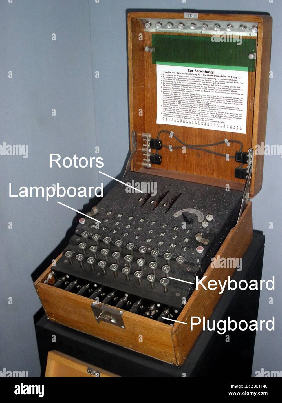 Die Enigma-Maschinen waren eine Reihe von elektromechanischen Rotorchipher-Maschinen, die in der frühen bis Mitte des 20. Jahrhunderts entwickelt und zum Schutz der kommerziellen, diplomatischen und militärischen Kommunikation eingesetzt wurden. Enigma wurde am Ende des Ersten Weltkriegs vom deutschen Ingenieur Arthur Scherbius erfunden.frühe Modelle wurden ab den frühen 1920er Jahren kommerziell verwendet und von Militär- und Regierungsdiensten mehrerer Länder, insbesondere Nazi-Deutschland vor und während des Zweiten Weltkriegs, übernommen Es wurden mehrere verschiedene Enigma-Modelle produziert, aber die deutschen Militärmodelle mit einem Steckbrett waren die komplexesten. Alan Turing w Stockfoto