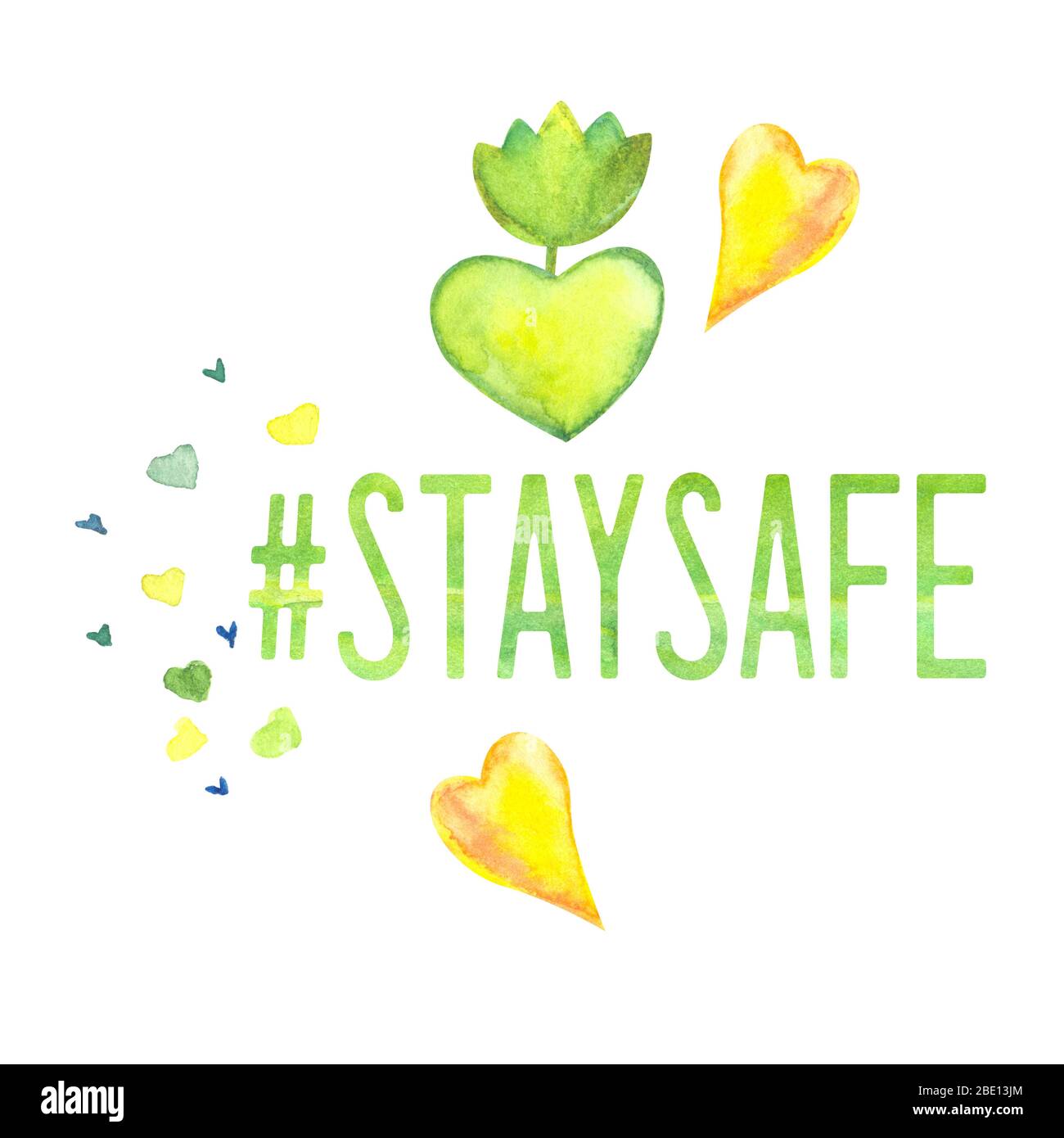 Konzeptionelle Aquarell-Botschaft mit Stay Safe Hashtag und Liebe Herzen umgeben Stockfoto