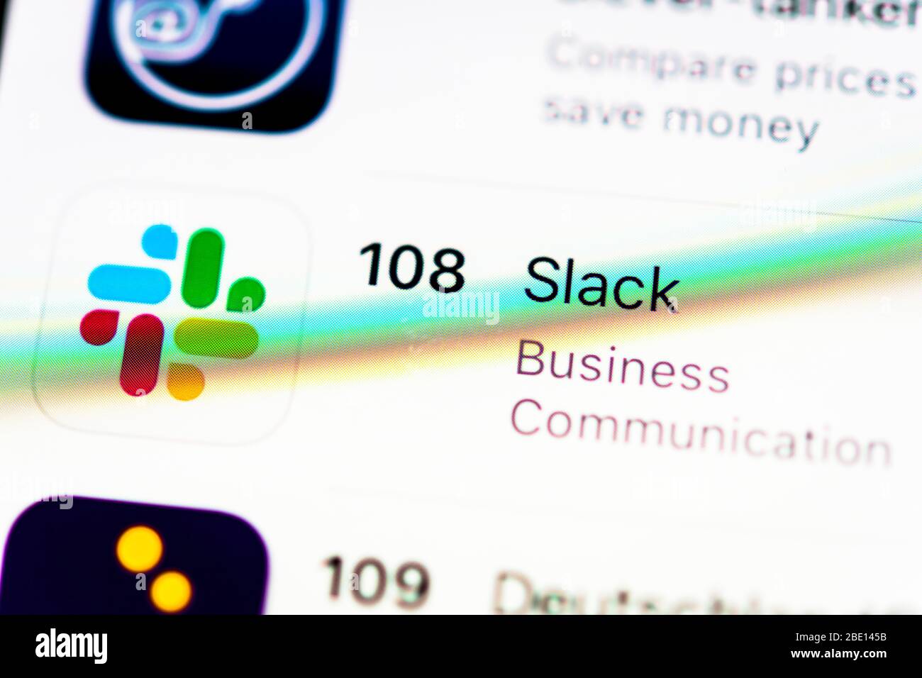 Slack App, Instant Messenger Service, App-Icon, Display auf dem Display des Handys, Smartphone, Detail, Formateingabe Stockfoto