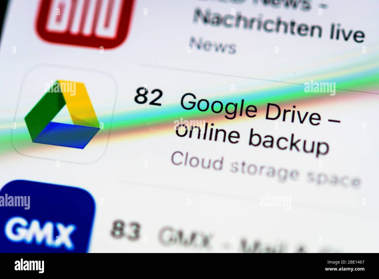 Google Drive, Cloud Storage, App-Icon, Display auf einem Display von Handy, iPhone, iOS, Smartphone, Detail, Vollformat Stockfoto