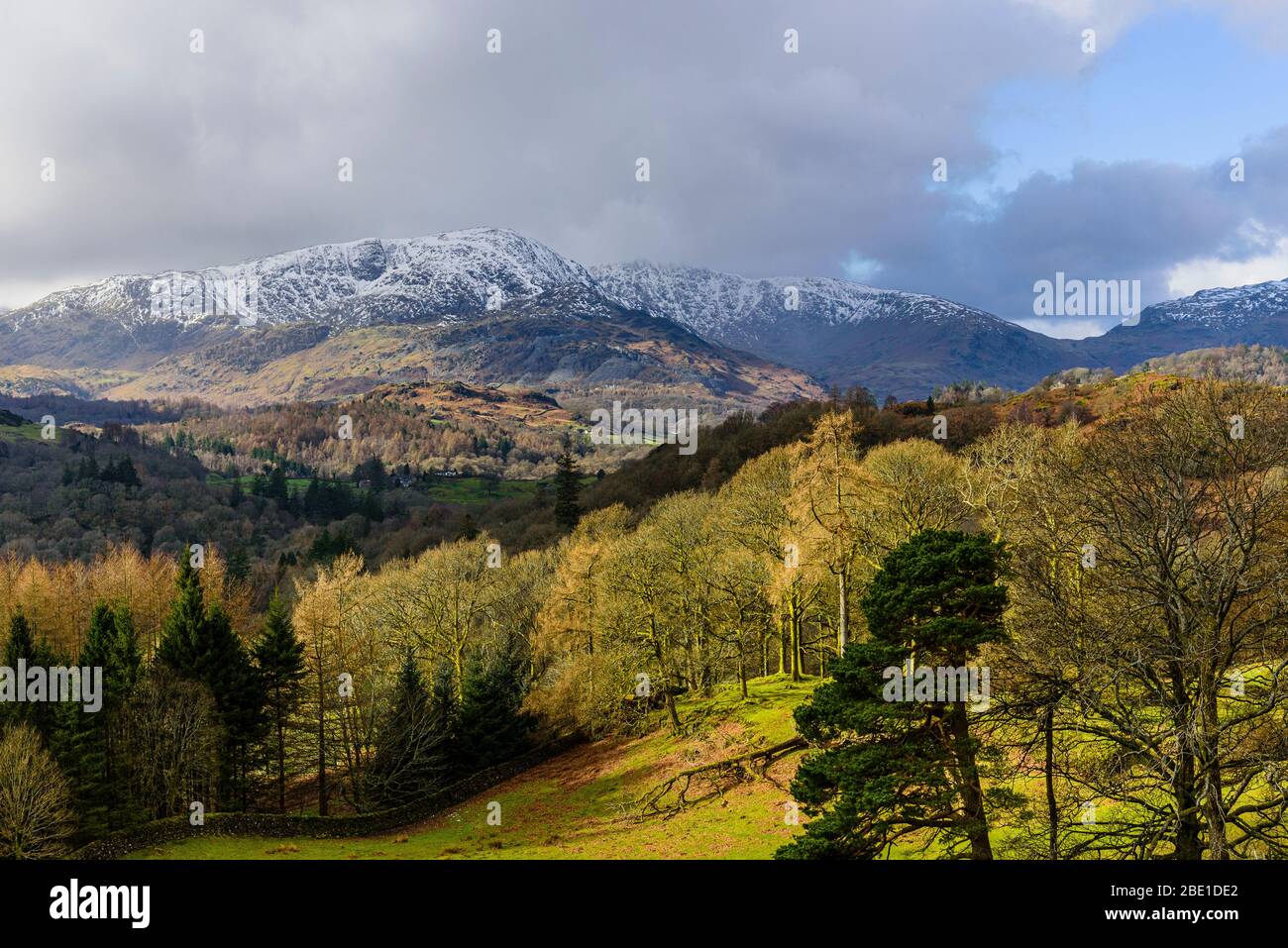 Wetherlam, Great Carrs und Wrynose Pass von den Hängen des Loughrigg fiel in der English Lake District Stockfoto