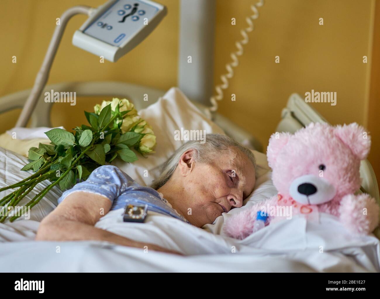 Eine Frau liegt sterbend in einem Krankenhausbett, umgeben von einem einäugigen Teddybär und gelben Rosen. Stockfoto