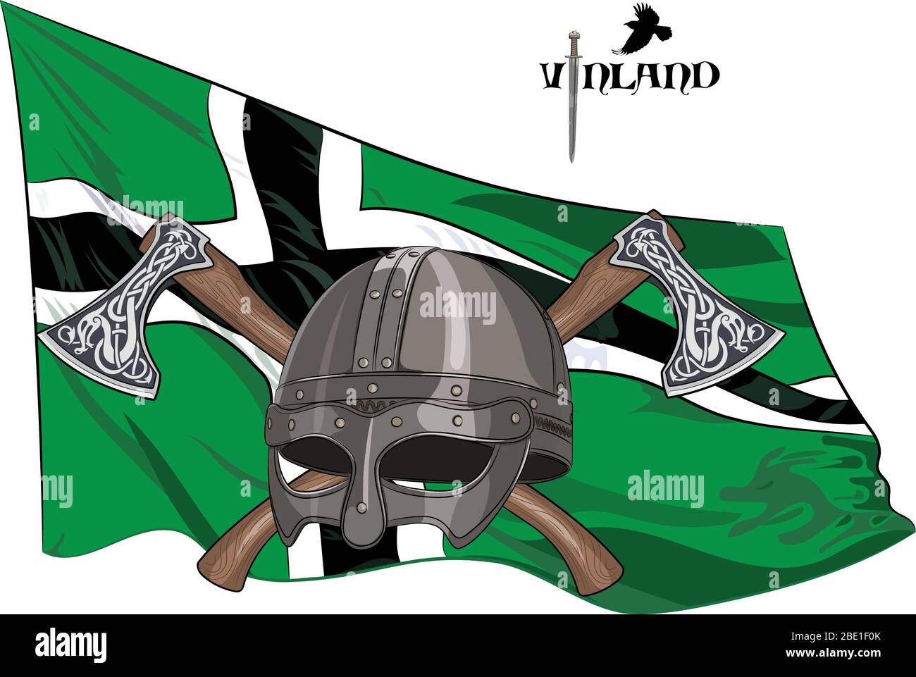 Der Helm eines Wikingers kreuzte die Gefechtsäxte auf dem Hintergrund der Flagge von Vinland Stock Vektor