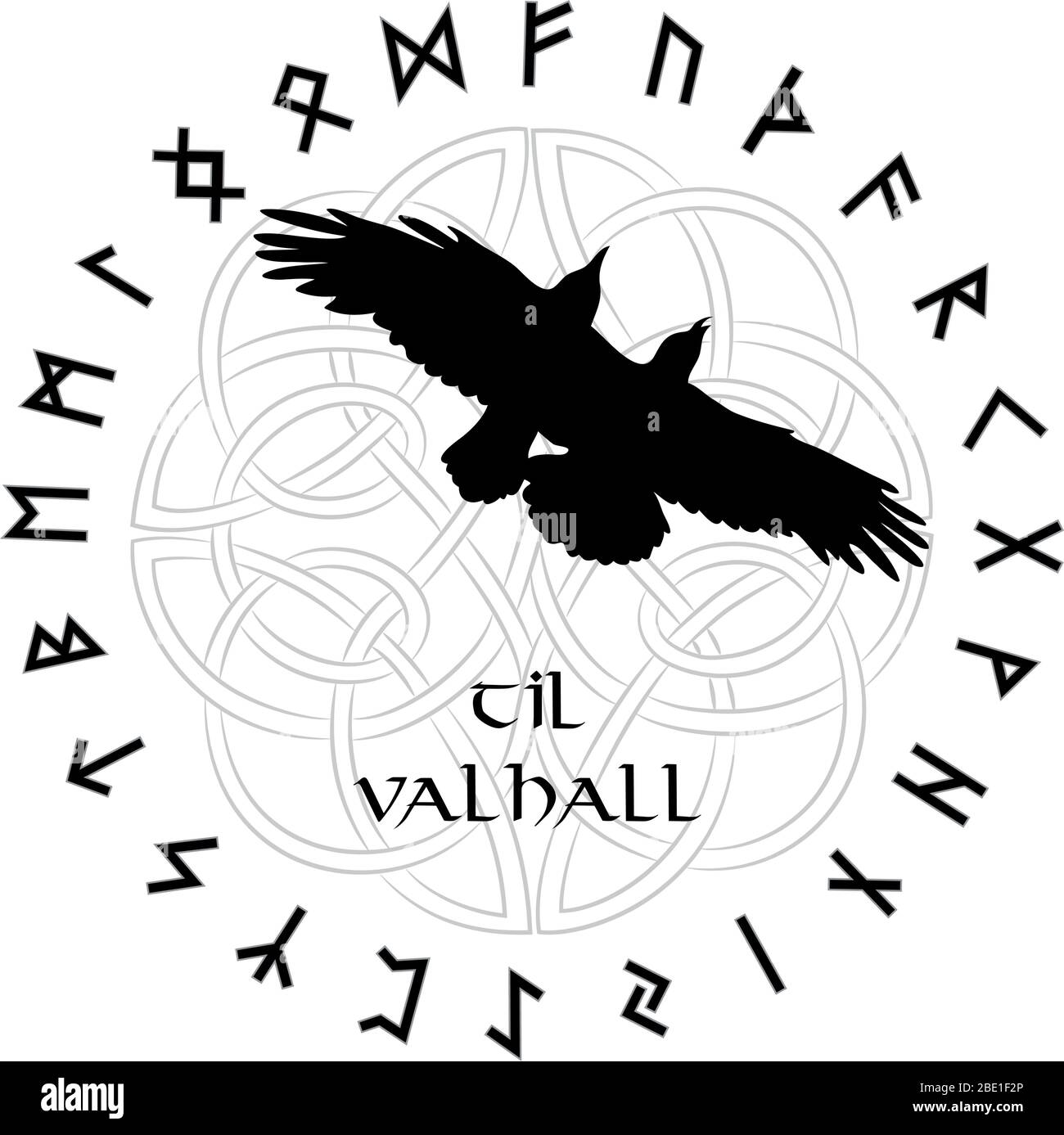 Skandinavisches Ornament im Kreis der magischen nordischen Runen und eines Rabenfliegens Stock Vektor