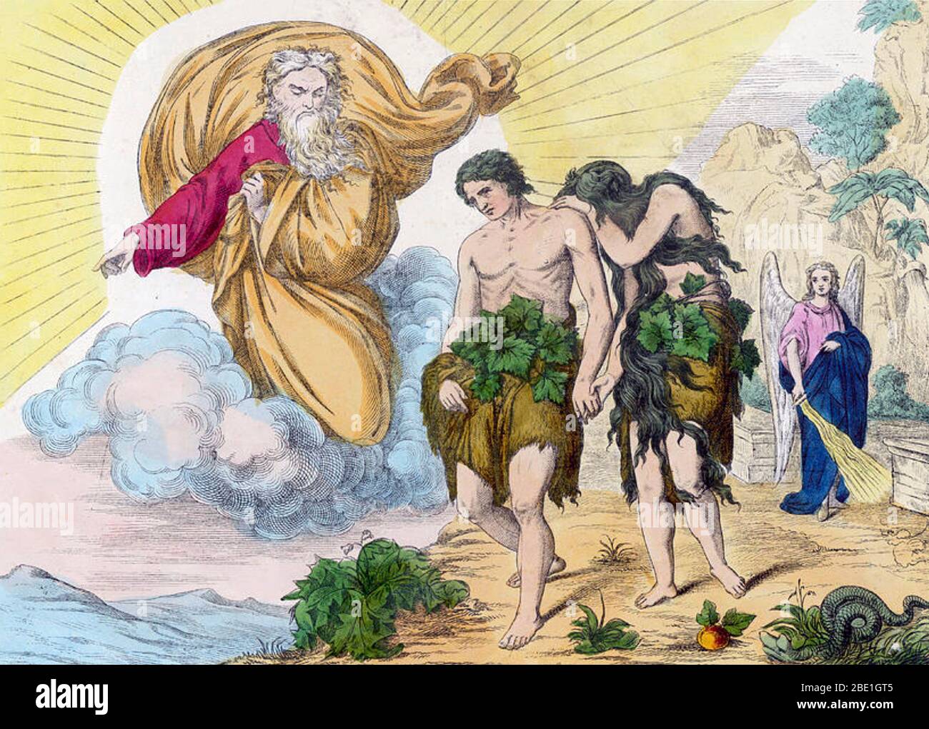 ADAM UND EVA sind verbannt, Paradies von Gott in einem Stich aus dem 18. Jahrhundert Stockfoto