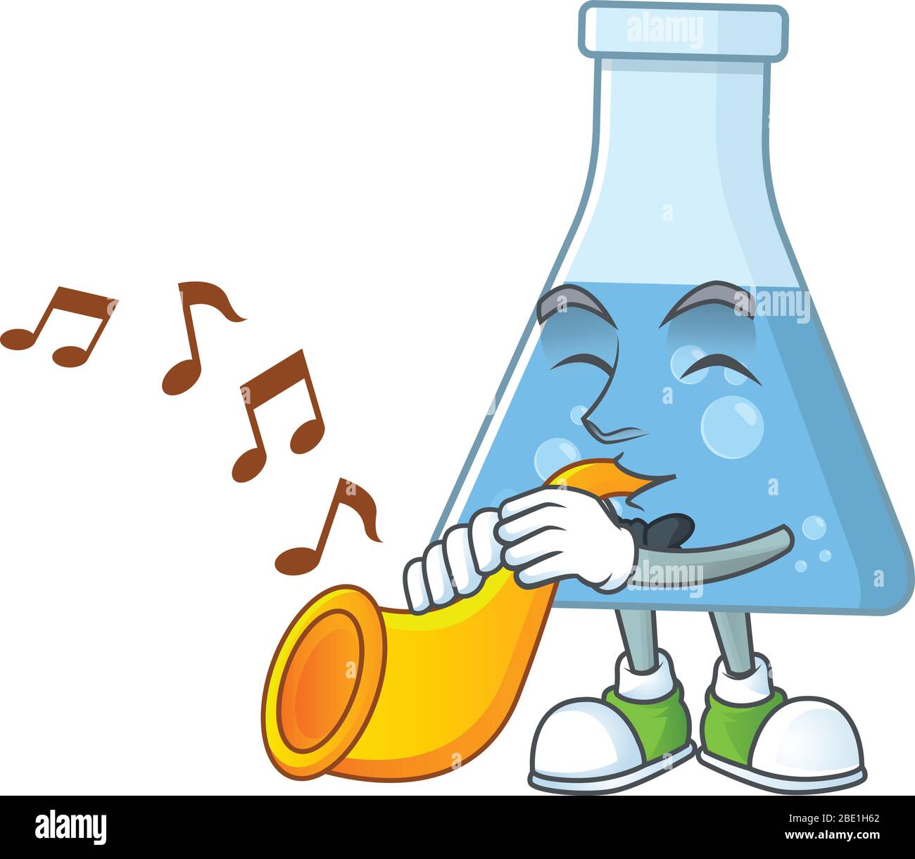 Ein brillanter Musiker der blauen chemischen Flasche Cartoon-Charakter spielt eine Trompete Stock Vektor