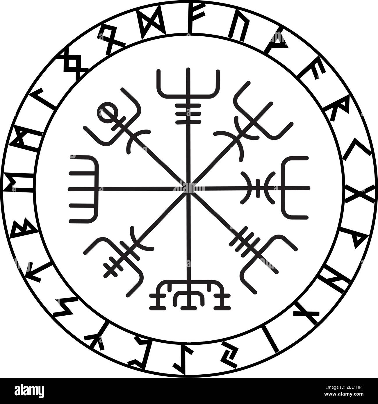 Vegvisir, der magische Kompass der alten isländischen Wikinger mit skandinavischen Runen Stock Vektor