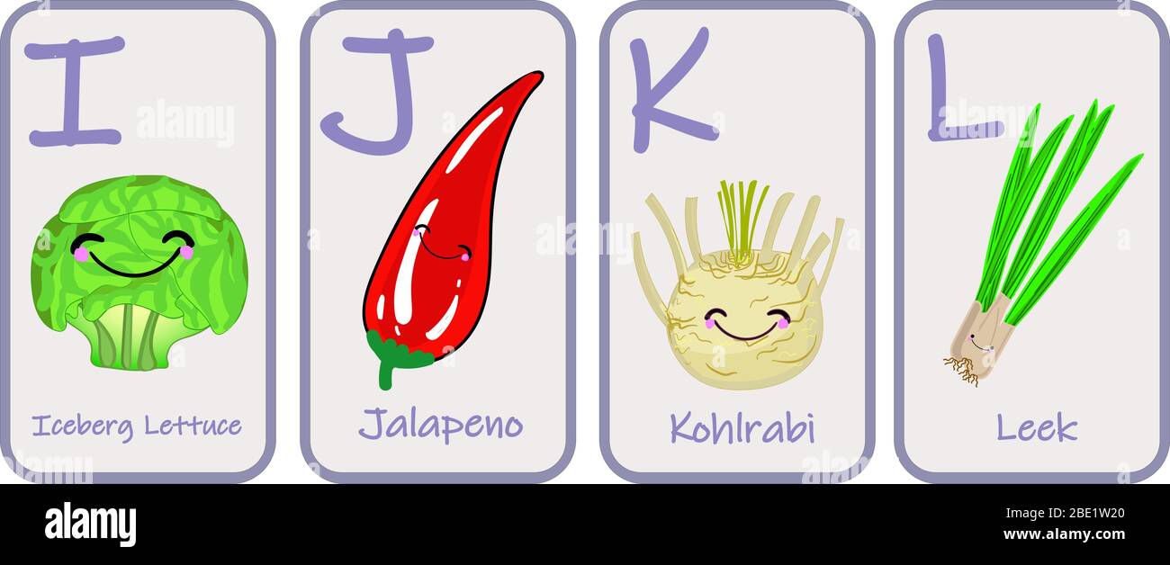 Illustration mit lustigen Figuren. Kinder Schriftart im Cartoon-Stil GEMÜSE . Satz von bunten hellen Buchstaben für Inschriften UND TRAINING Stock Vektor