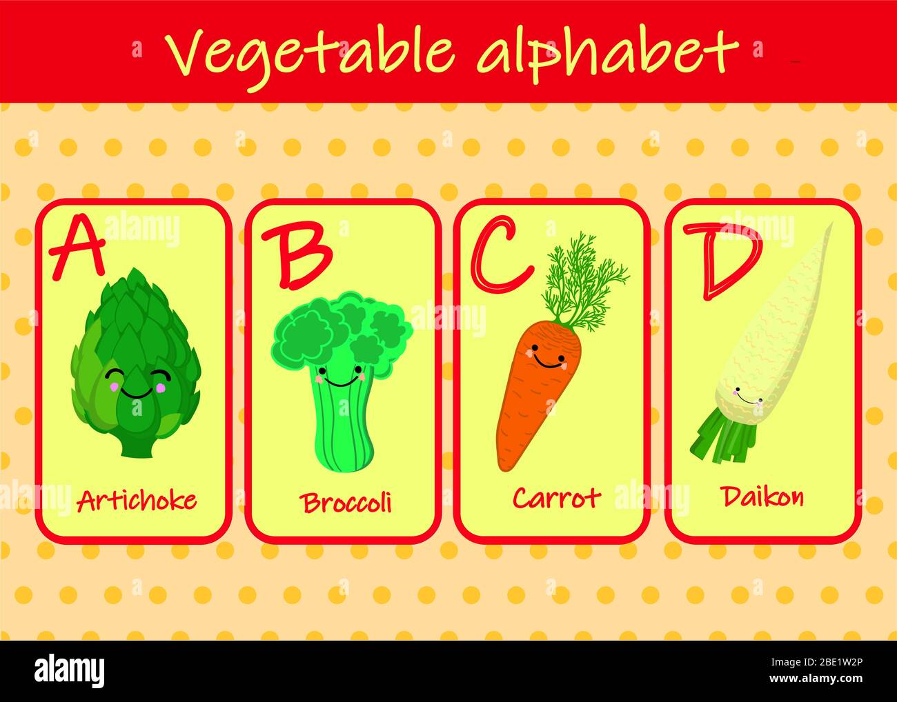 Illustration mit lustigen Figuren. Kinderschrift im Cartoon-Stil GEMÜSE . Satz von bunten hellen Buchstaben für Inschriften UND TRAINING Stock Vektor