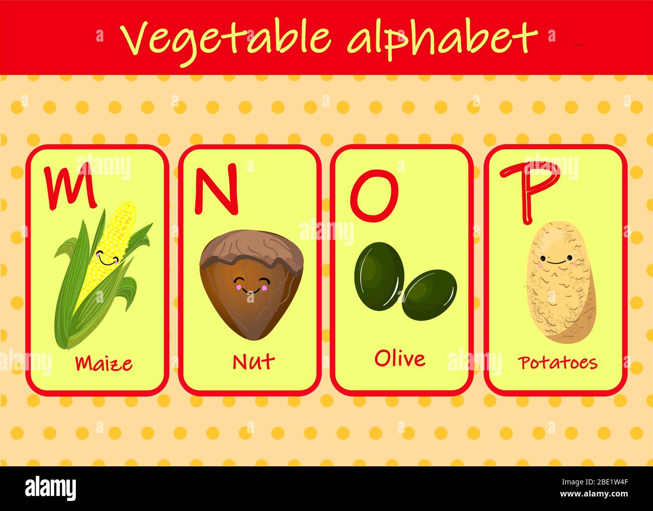 Illustration mit lustigen Figuren. Kinderschrift im Cartoon-Stil GEMÜSE . Satz von bunten hellen Buchstaben für Inschriften UND TRAINING Stock Vektor