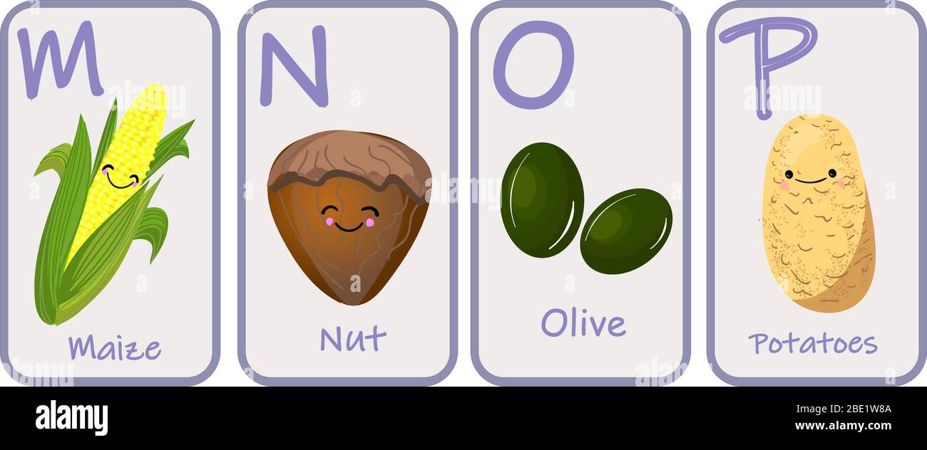 Illustration mit lustigen Figuren. Kinderschrift im Cartoon-Stil GEMÜSE . Satz von bunten hellen Buchstaben für Inschriften UND TRAINING Stock Vektor