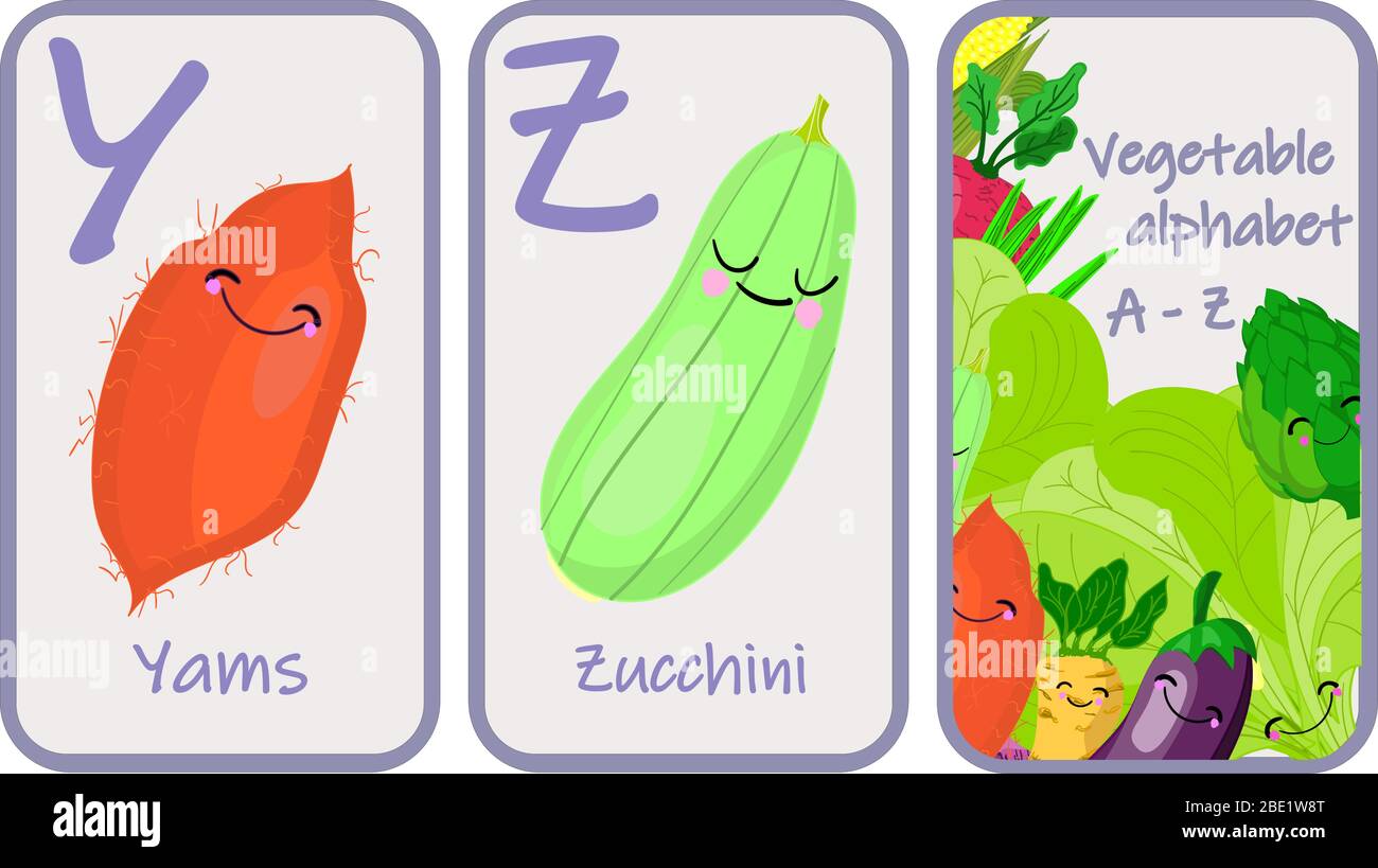 Illustration mit lustigen Figuren. Kinder Schriftart im Cartoon-Stil GEMÜSE . Satz von bunten hellen Buchstaben für Inschriften UND TRAINING Stock Vektor