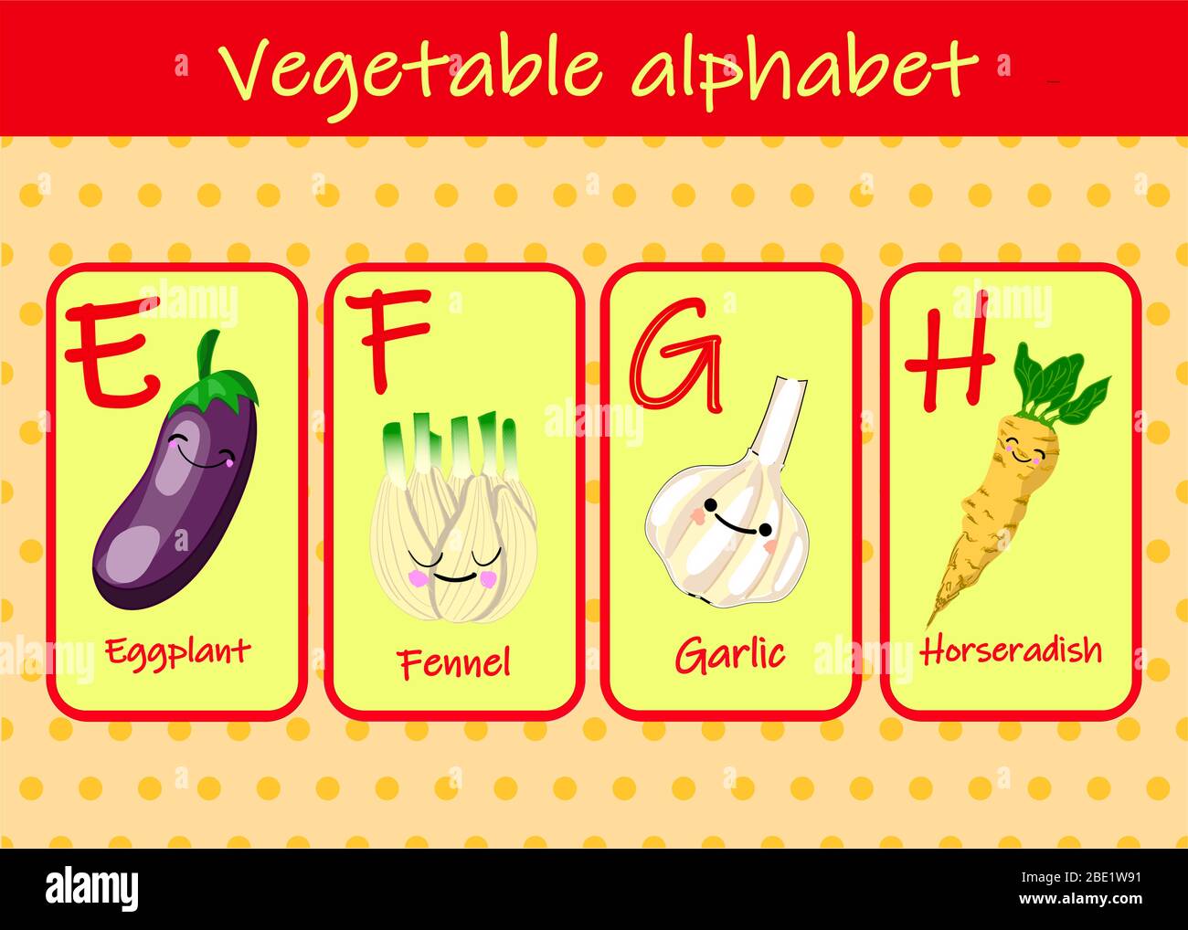 Illustration mit lustigen Figuren. Kinderschrift im Cartoon-Stil GEMÜSE . Satz von bunten hellen Buchstaben für Inschriften UND TRAINING Stock Vektor