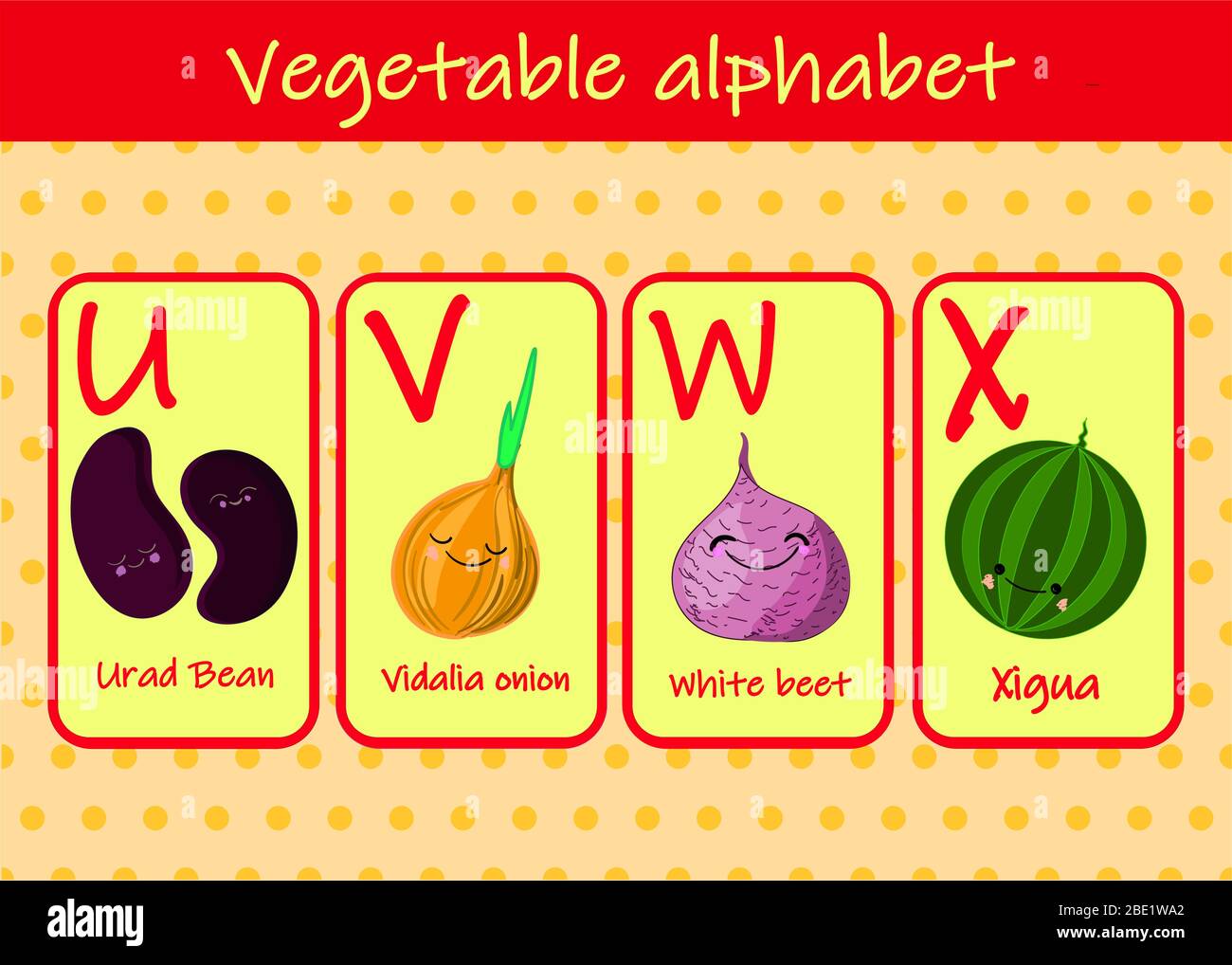 Illustration mit lustigen Figuren. Kinderschrift im Cartoon-Stil GEMÜSE . Satz von bunten hellen Buchstaben für Inschriften UND TRAINING Stock Vektor