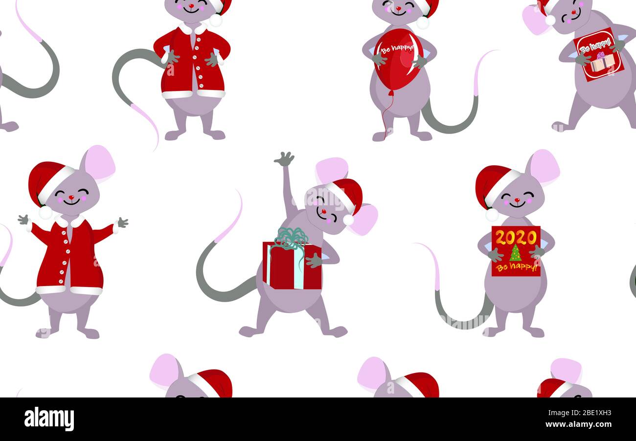 Weihnachten nahtloses Muster. Neujahrssymbole von 2020. Mäuse und Ratten mit Geschenken und Grüßen. Stock Vektor