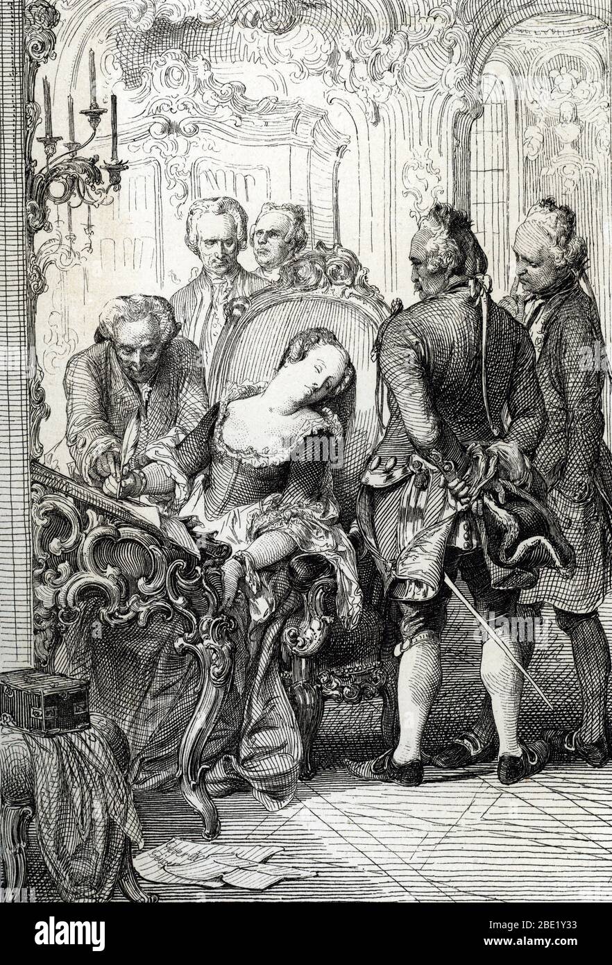 "La reine Caroline Mathilde (Caroline-Mathilde) du Danemark (1751-1775) contrainte de signer les documents du Scheidung a la Suite de son aventure extra Stockfoto