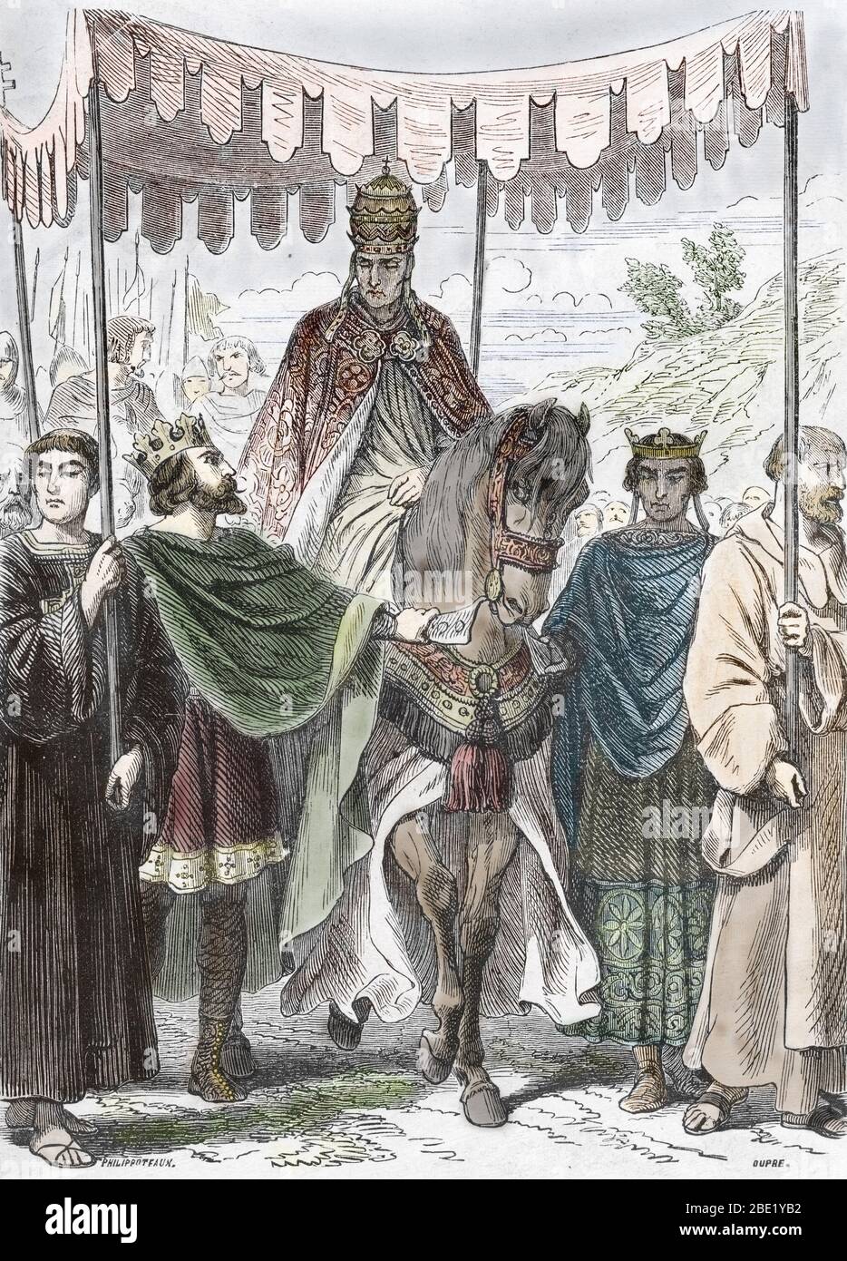 Le roi de France Louis VII dit le jeune (1120-1180) et Henri II d'Angleterre (1133-1189) accueillant avec honneur le pape Alexandre III (A cheval) (1 Stockfoto
