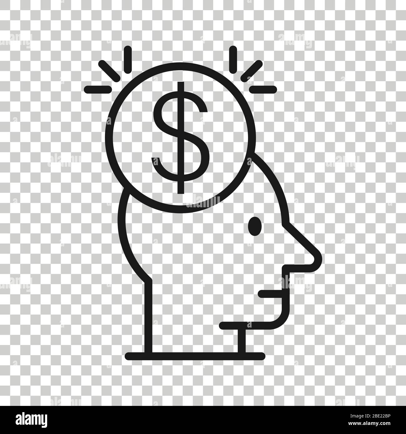 Menschlicher Kopf mit Geldsymbol in flacher Form. Darstellung des Karrierefortschritts auf weiß isoliertem Hintergrund. Geschäftskonzept Face and Dollar Coin. Stock Vektor