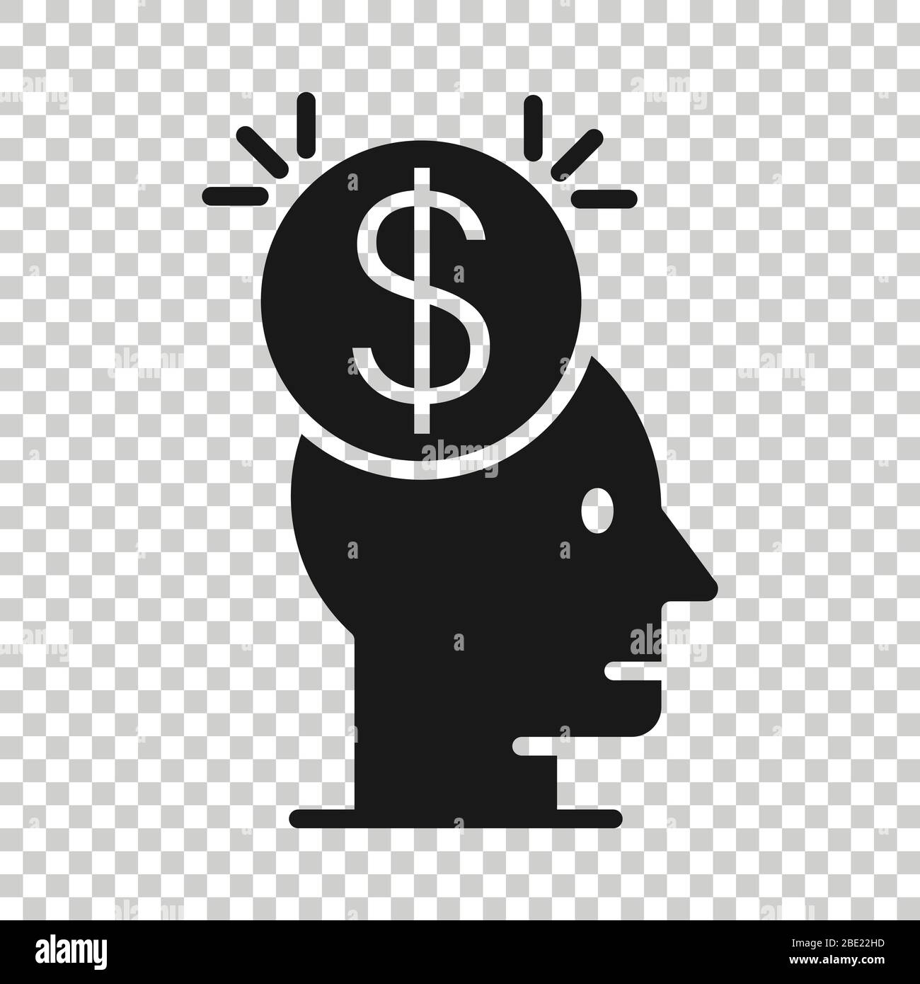 Menschlicher Kopf mit Geldsymbol in flacher Form. Darstellung des Karrierefortschritts auf weiß isoliertem Hintergrund. Geschäftskonzept Face and Dollar Coin. Stock Vektor