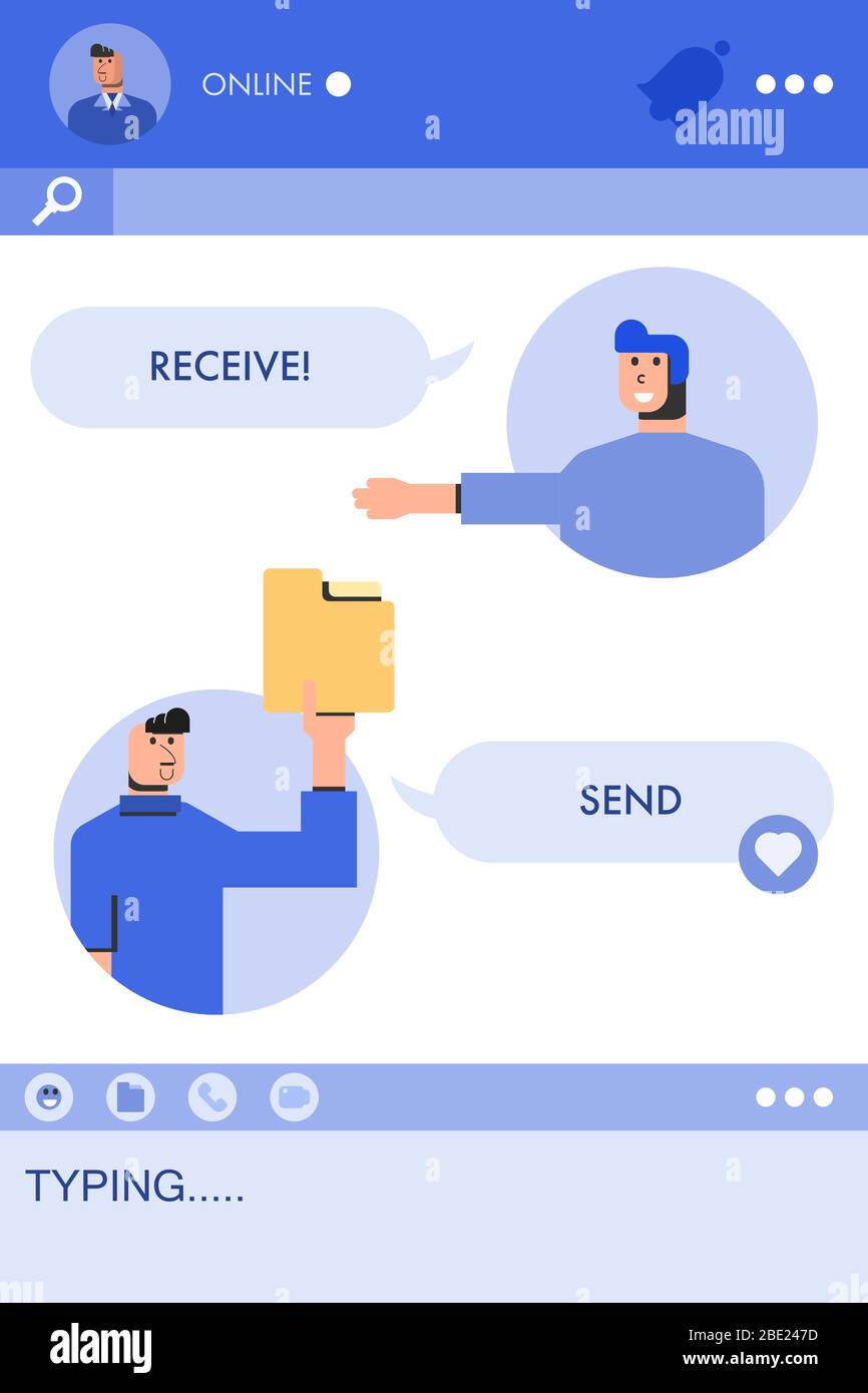 Man sendet Dokument-Datei oder Ordner an seinen Freund mit Messenger-Anwendung. Konzept Social Media Vektor Illustration. Stock Vektor