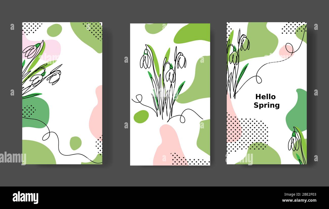 Hallo Frühling Social Media Geschichten, Vorlagen. Schneeglöckchen Blumen Vektor gesetzt. Social Media-Karte für Beiträge Stock Vektor