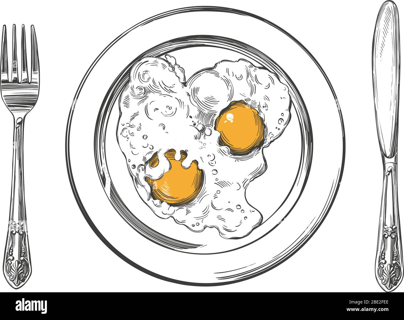 Frühstück, Eier auf einem Teller, Messer und Gabel, handgezeichnete Vektor-Illustration realistische Skizze Stock Vektor