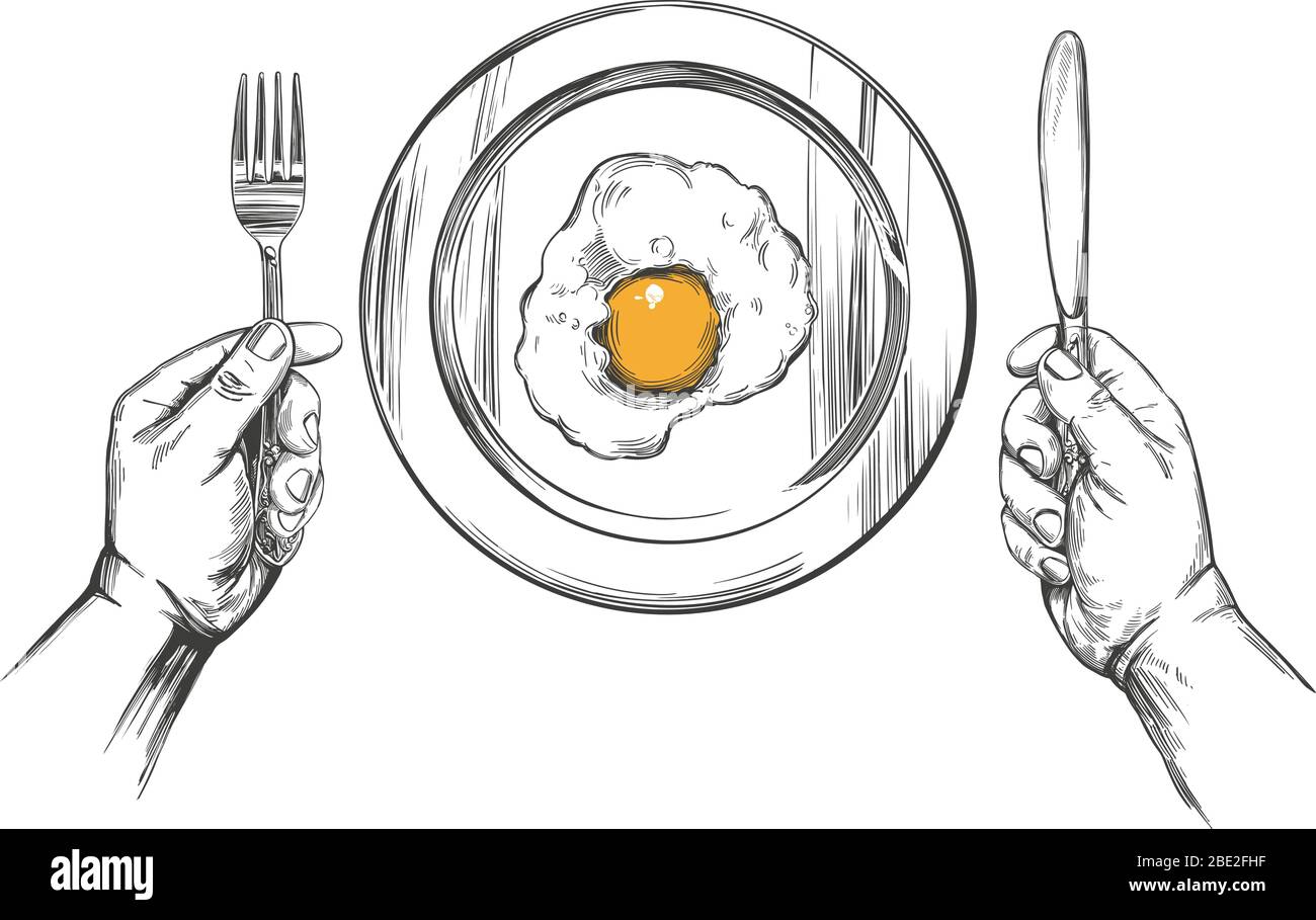 Frühstück, Eier auf einem Teller, Hände halten ein Messer und Gabel, Hand gezeichnete Vektor-Illustration realistische Skizze Stock Vektor