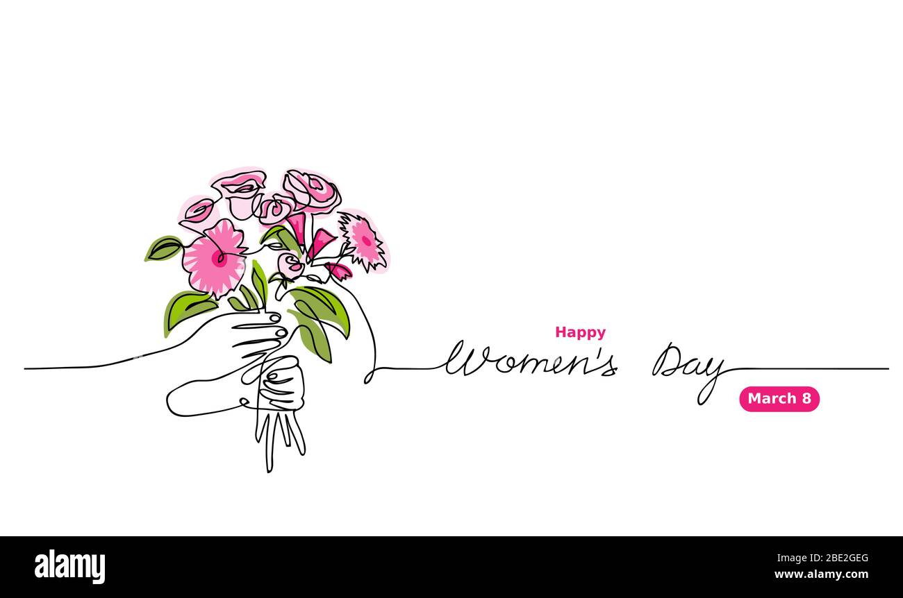 Vektorskizze des Bouquet. Happy Women s Day Schriftzug. 8. März Gruß für Web-Hintergrund, Banner. Eine kontinuierliche Linienzeichnung des Blumenstraußes. Stock Vektor