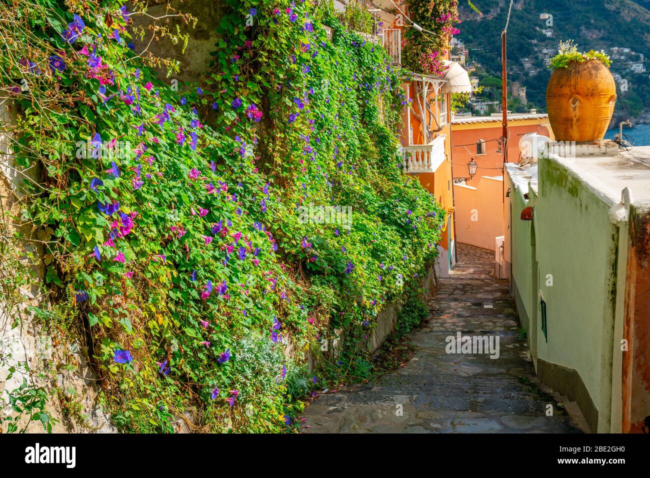 Typische enge Straße und bunte Häuser in der Stadt Positano Stockfoto