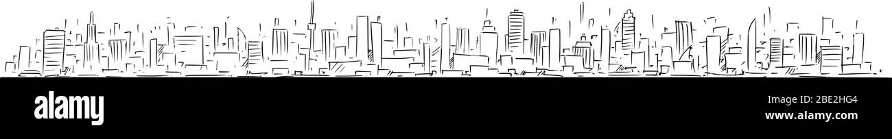 Vektor-Cartoon grobe und skizzenhafte Zeichnung konzeptionelle Illustration der langen horizontalen Skyline der Stadt, mit hohen Gewerbe-und Wohngebäude und Wolkenkratzer. Stock Vektor