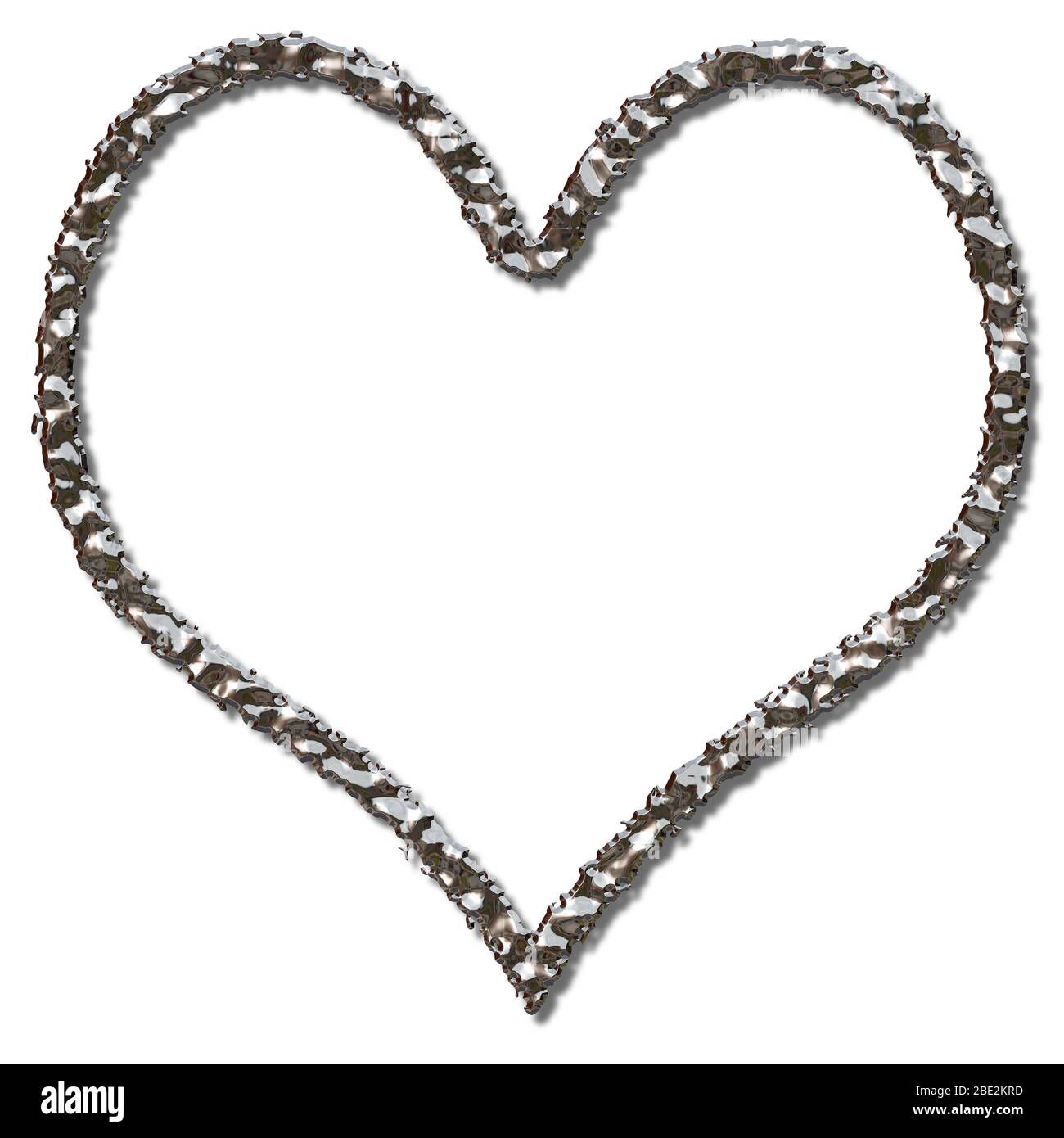 Flüssiger Metall Herz geformt 3D-Illustration Rahmen auf einem isolierten weißen Hintergrund Stockfoto