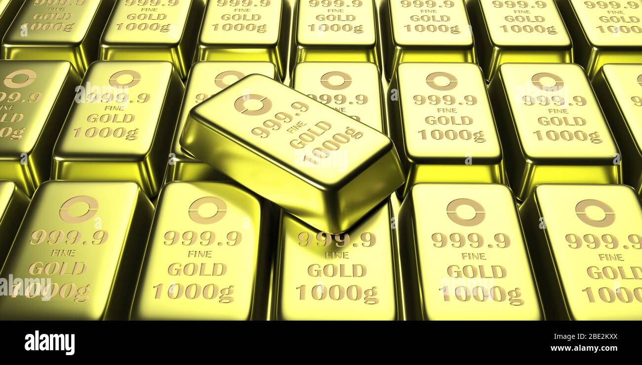 Hintergrund Goldbarren. Gold Barren 1000 g Gewicht Nahaufnahme. Vermögen, Reserve, Geschäftserfolg und Finanzkonzept. 3d-Darstellung Stockfoto