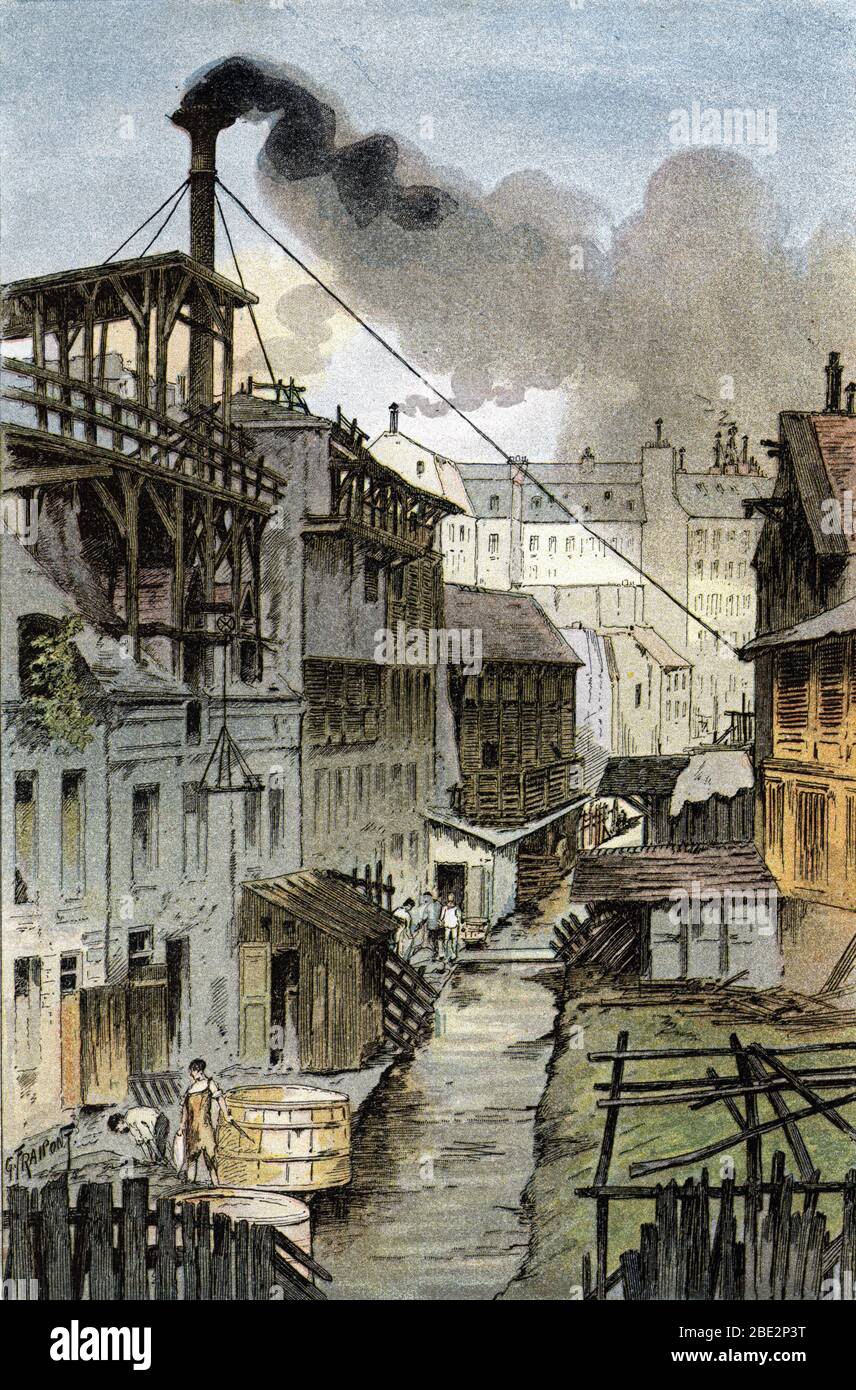 'Vue de la Bievre depuis le Boulevard du Port-Royal a Paris' (Blick auf den Bievre-Fluss vom Port Royal Boulevard, Paris) Dessin de Gustave Fraipont (1 Stockfoto