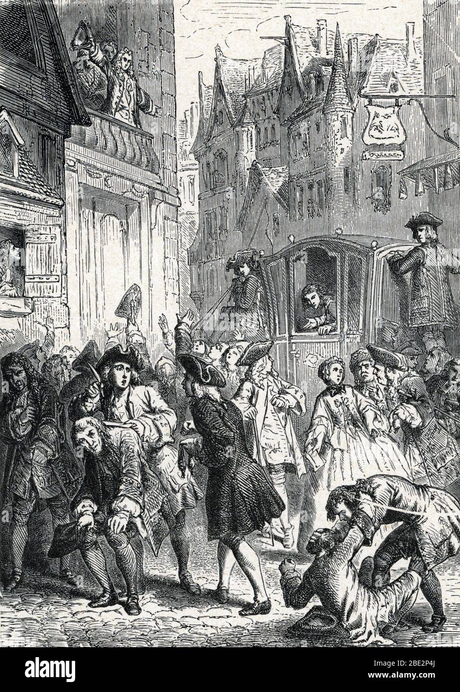 Systeme economique : la bulle speculative a l'epoque du systeme de Law, les agioteurs de la rue Quincampoix - Sous Louis XV, certains courtiers s'etab Stockfoto