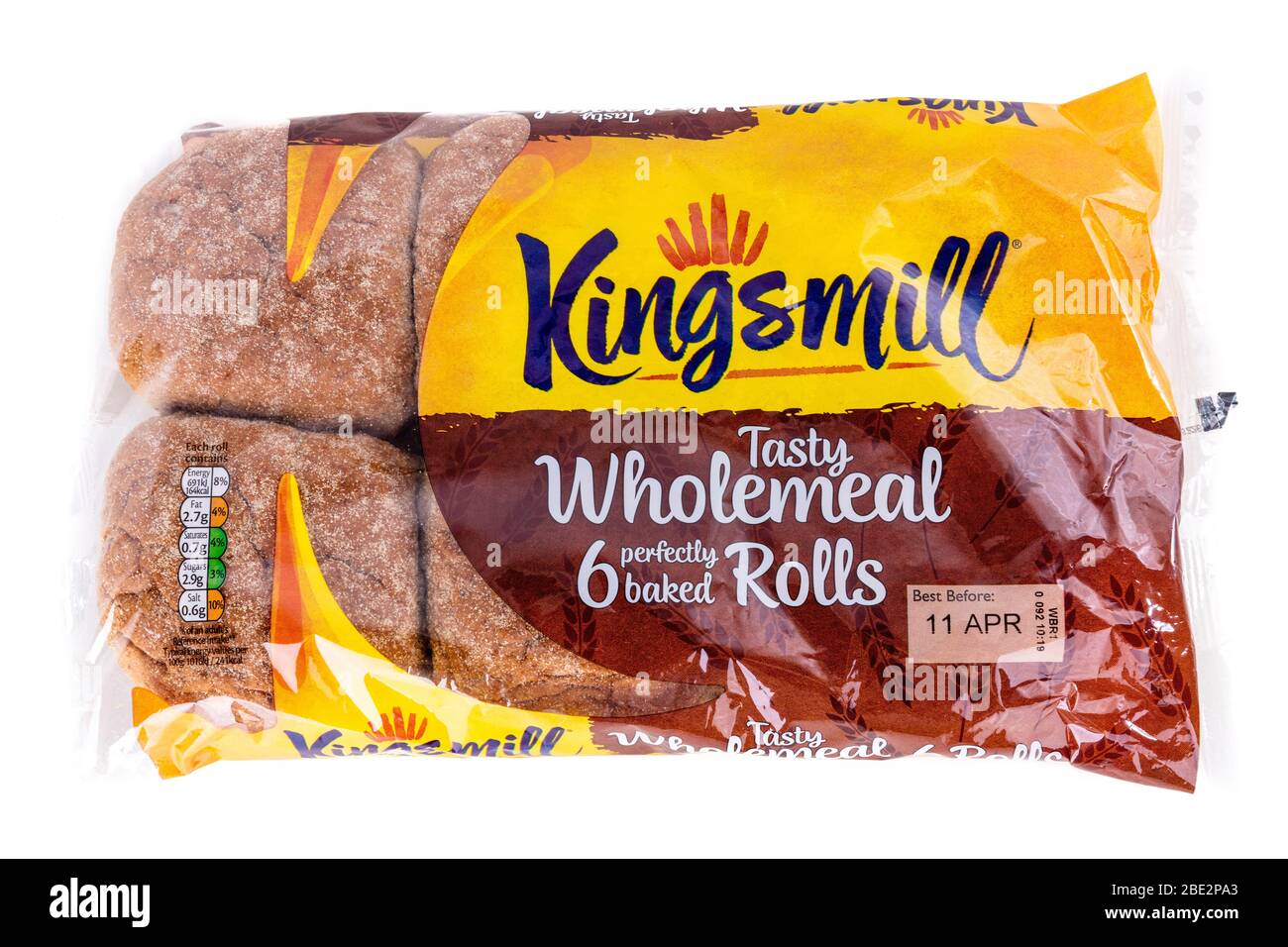 Kingsmill Vollkornbrotrollen, Kingsmill Brötchen, Kingsmill, Vollkornbrotrollen, Brötchen, Kingsmill Brot, Packung, Packung, Marke, Brot, Stockfoto