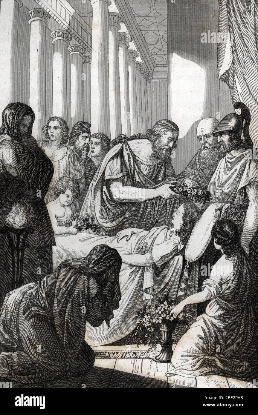GRECE antique : la mort de Xanthippe fils de l'orateur et homme d'Eetat Pericles (495-429 avant JC), victime de l' epidemie de peste en 430 avant JC a Stockfoto