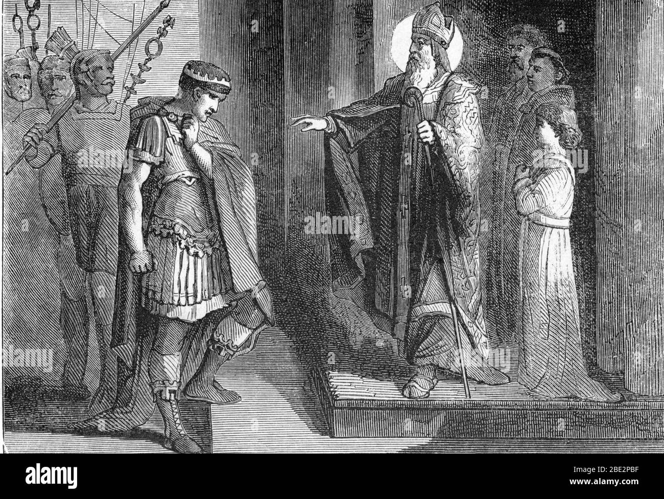 'L'archeveque saint Ambroise de Milan (Aurelius Ambrosius, Ambrogio di Milano (340-397) refuse la porte de l'eglise a l'empereur romain Theodose Ier ( Stockfoto