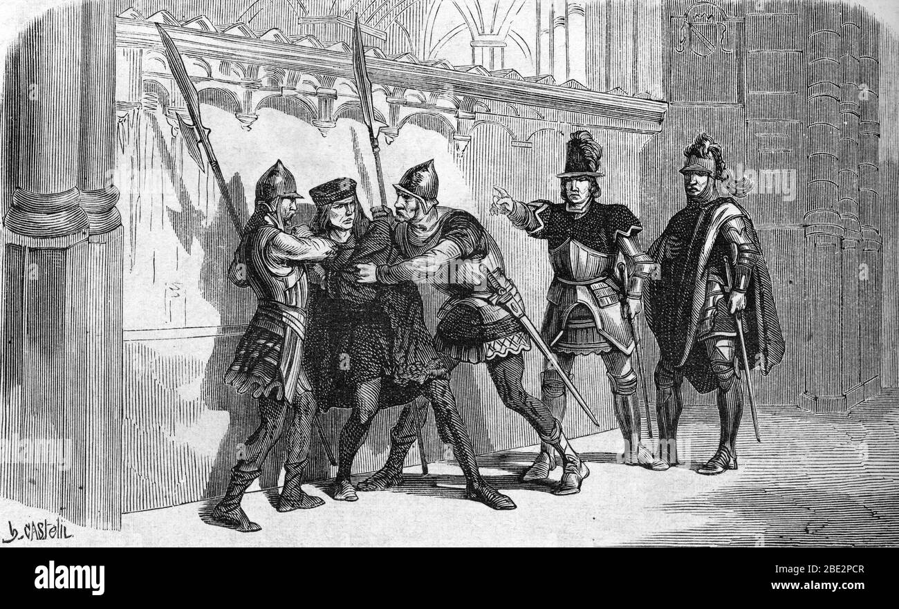 'Arrestation du batard de Rubempre, Mercenaire, dans le palais de Charles le Temeraire a Gorcum, en Hollande, en septembre 1464, mettant fin a un comp Stockfoto