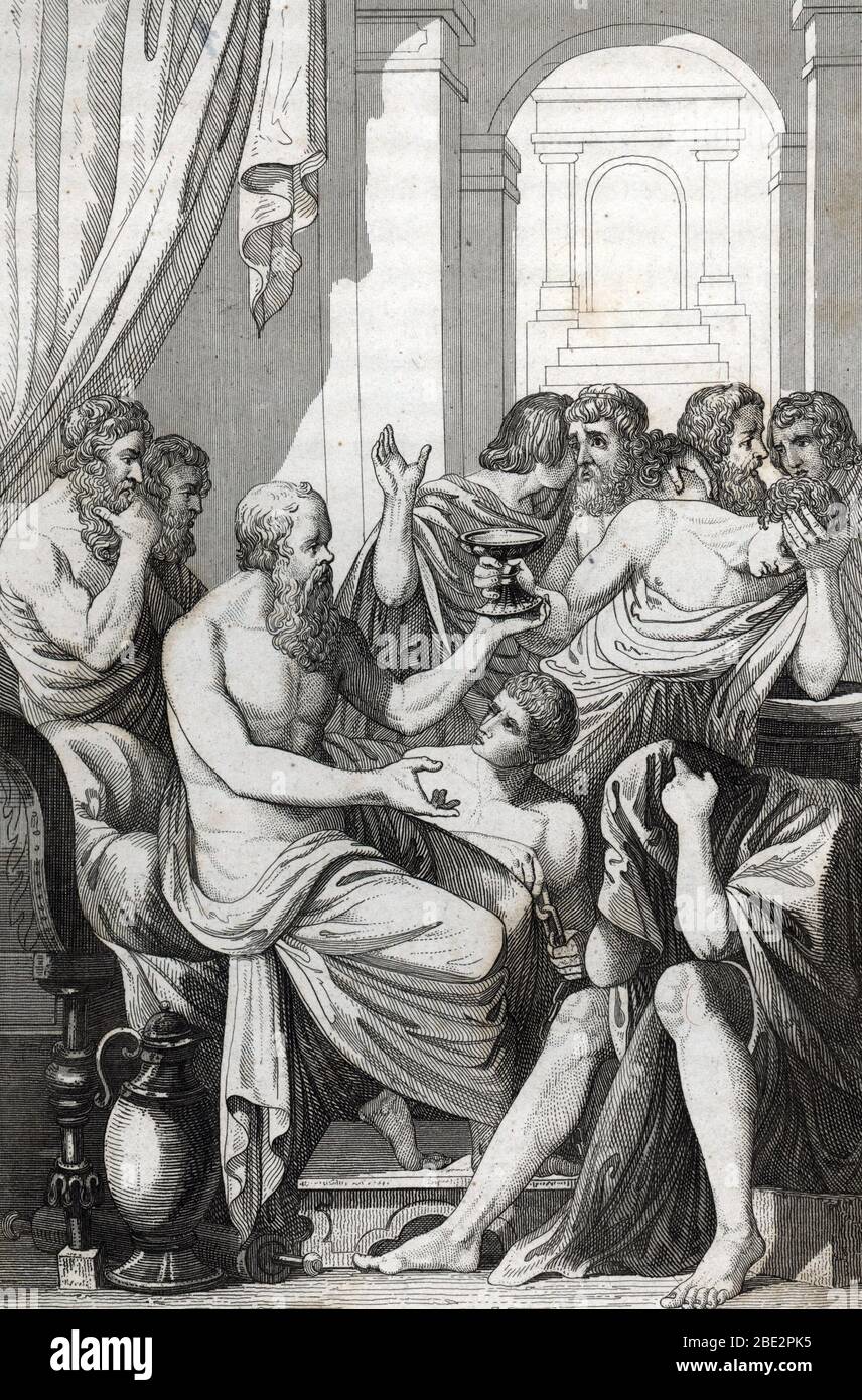 Antiquite grecque : Suicide de Socrate, philosophe de la Grece antique (5eme siecle avant JC) condamne a boire la cigue, apres avoir ete accuse d'impi Stockfoto