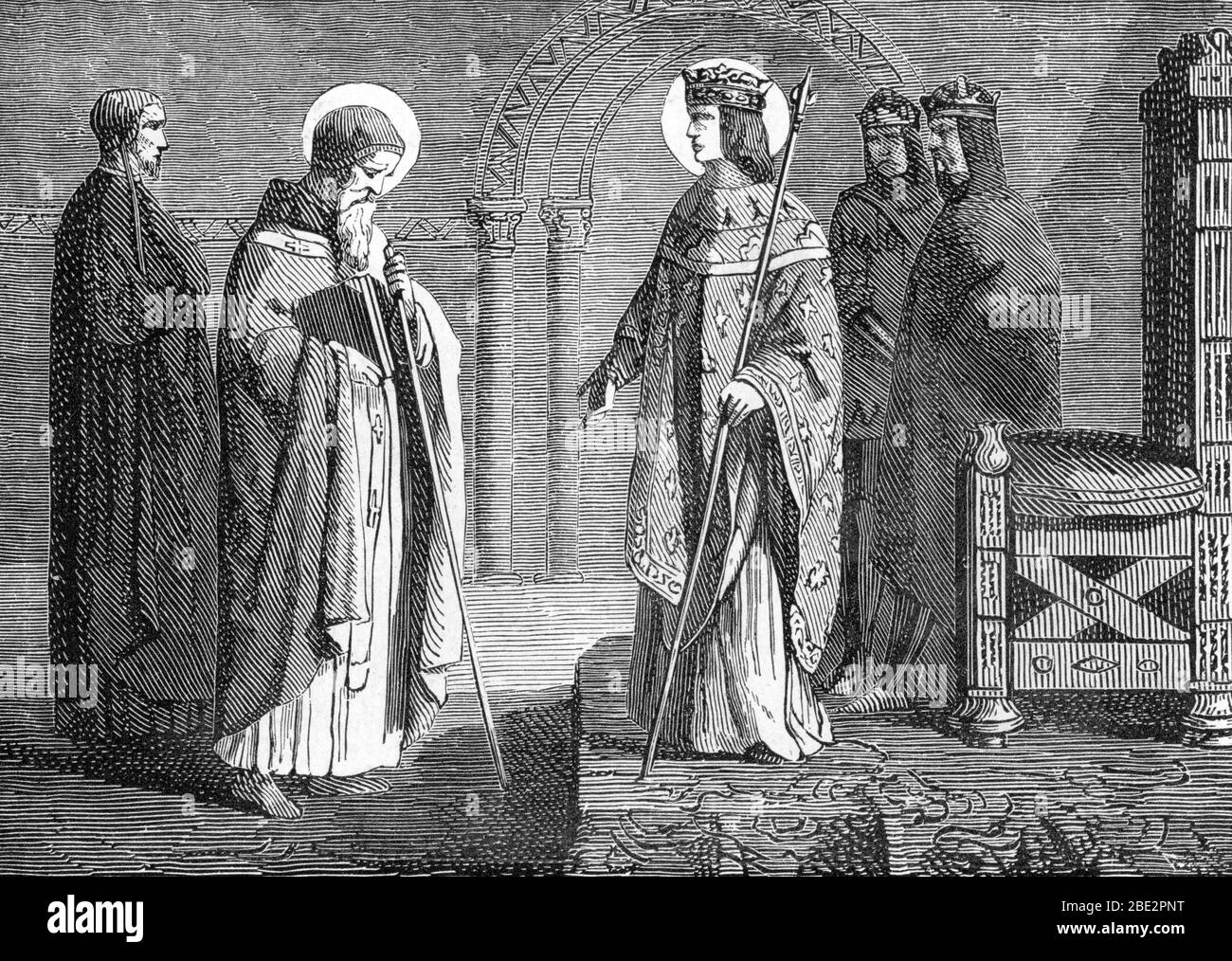Repräsentation von saint Edmond de Cantorbery (saint edme) accueilli par le roi de France Louis IX (König von frankreich louis IX und Saint Edmund Rich (1175 Stockfoto