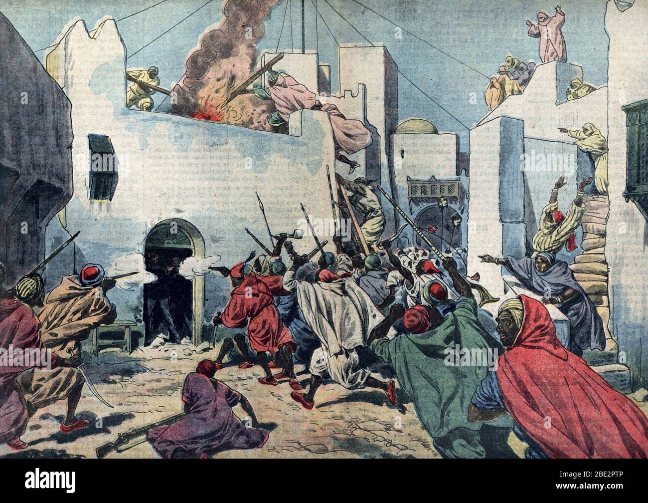 Traite de Fes sur le protectorat francais au Maroc, mars 1912 : revolte marocaine contre la Presence francaise, rebelles prenent d'assaut un poste de Stockfoto