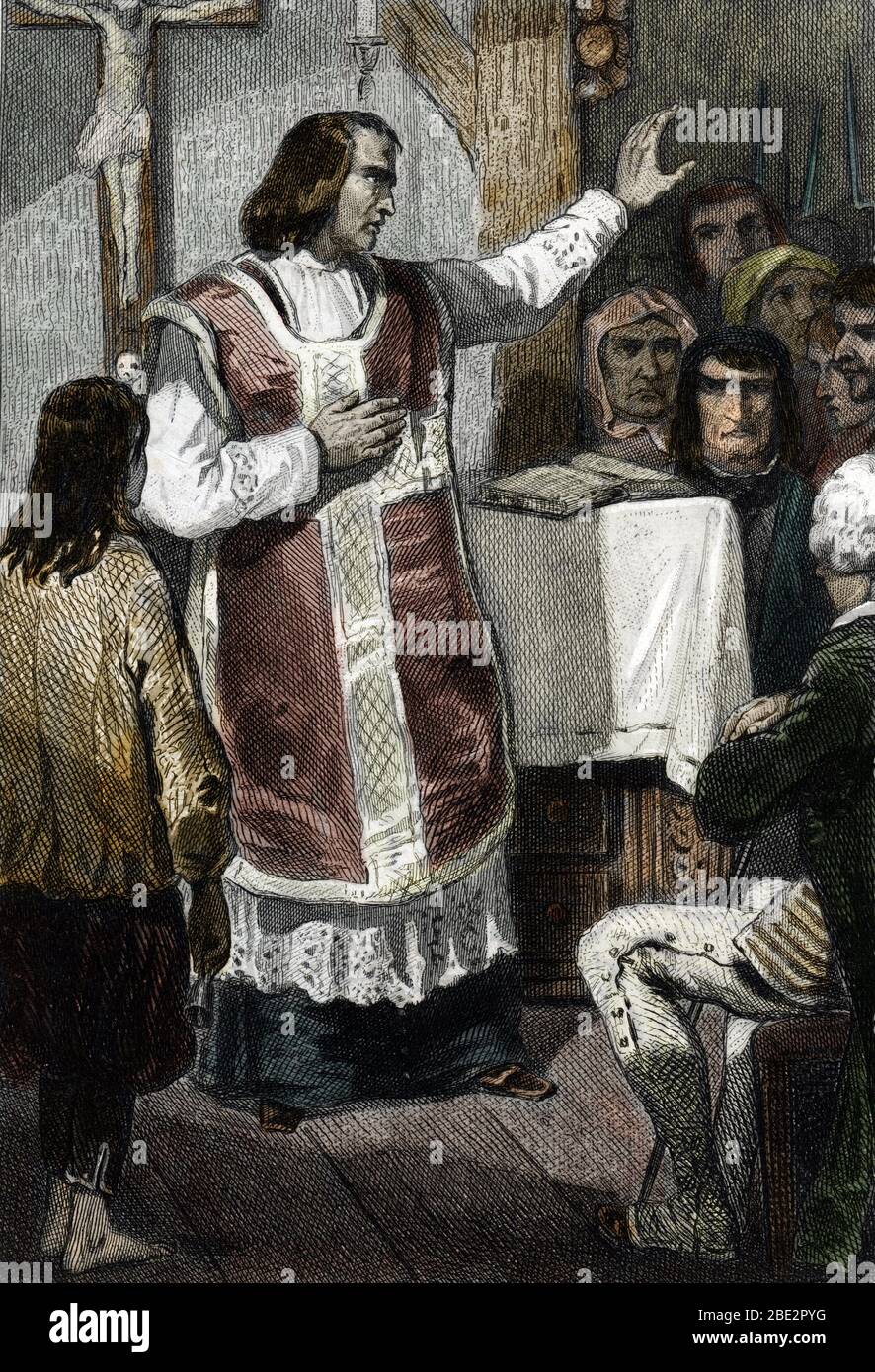 Revolution Francaise : le personnage du pretre refractaire prechant secretement lors d'une messe pendant la terreur 1793-1794 (Französisch Revolution : A Stockfoto