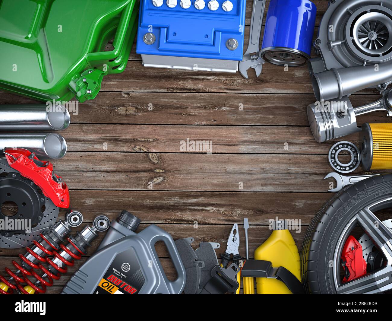 Autoteile, Ersatzteile und Zubehör auf Holztisch. Auto-Service und Kfz-Reparatur Werkstatt Konzept. 3d-Darstellung Stockfoto