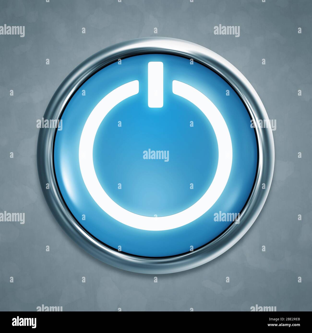 Ein blauer Startknopf vor grauem Hintergrund Stockfoto